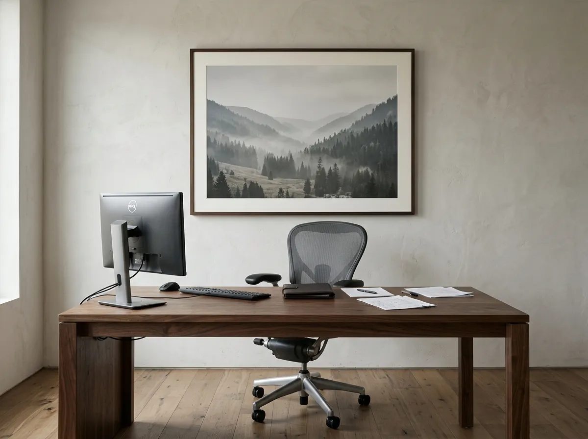 A charcoal-style portrait study as office wall decor in a private office