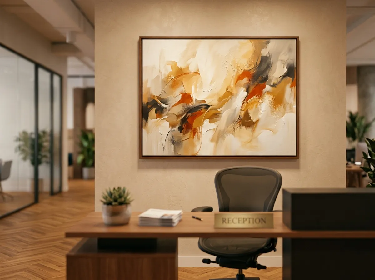 A large warm-toned abstract canvas as office wall decor behind a reception desk