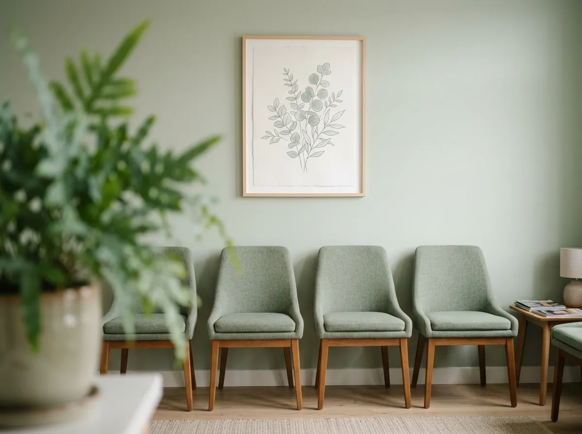 Soft botanical reception area wall art hung above empty seating in a calm medical clinic waiting room.