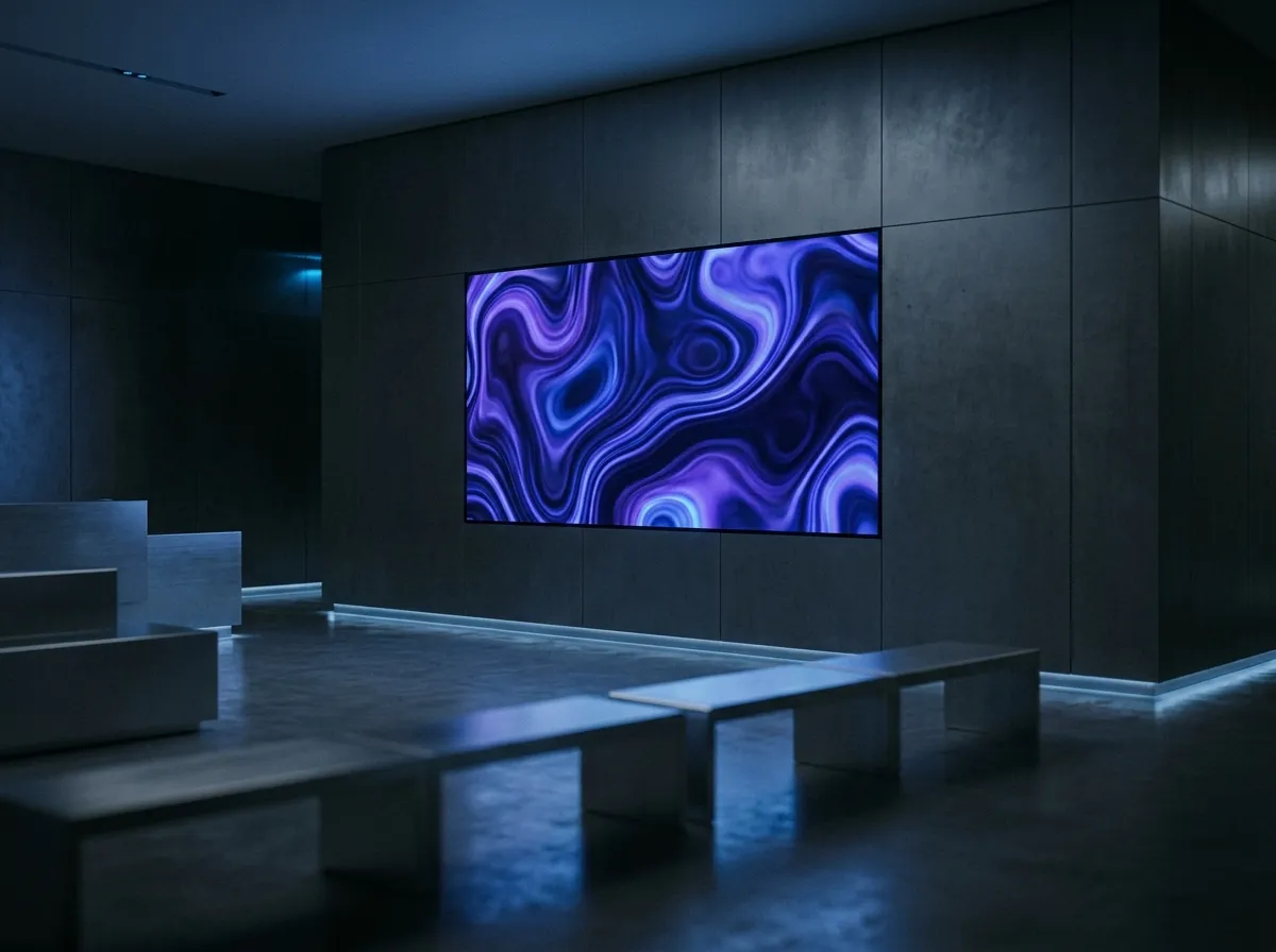 A digital canvas displaying generative art as reception area wall art in an empty tech company lobby.