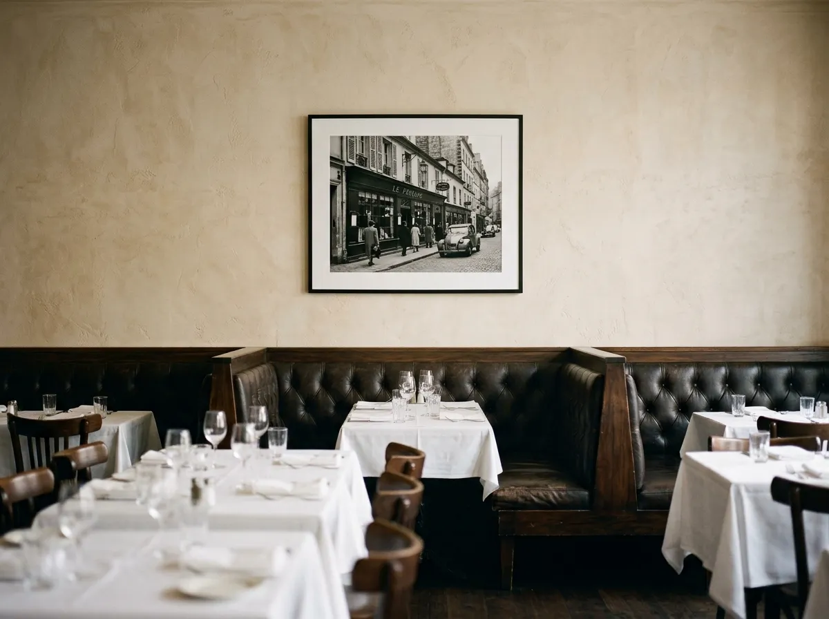A single black and white photograph used as restaurant wall art in a classic bistro dining room.