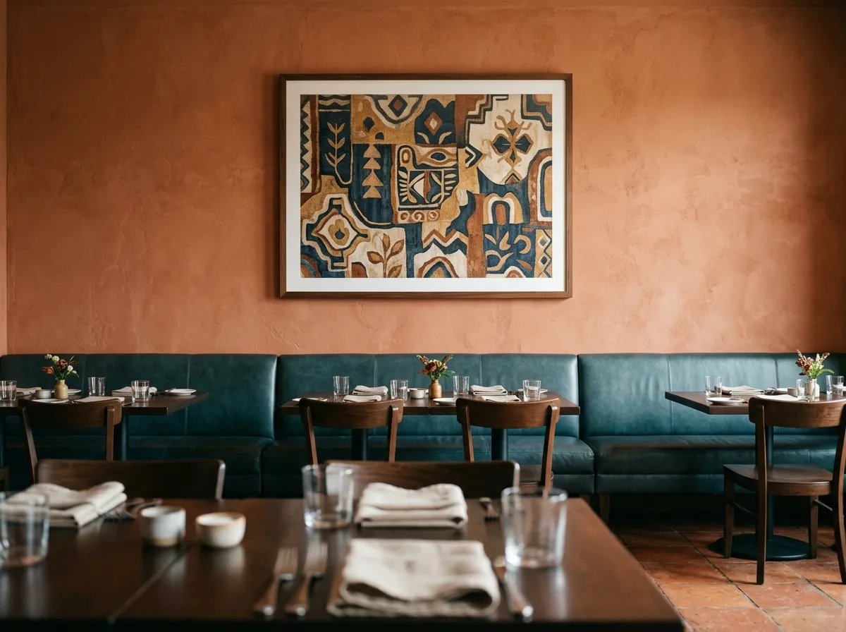 A single culturally-inspired pattern piece used as restaurant wall art above banquette seating.