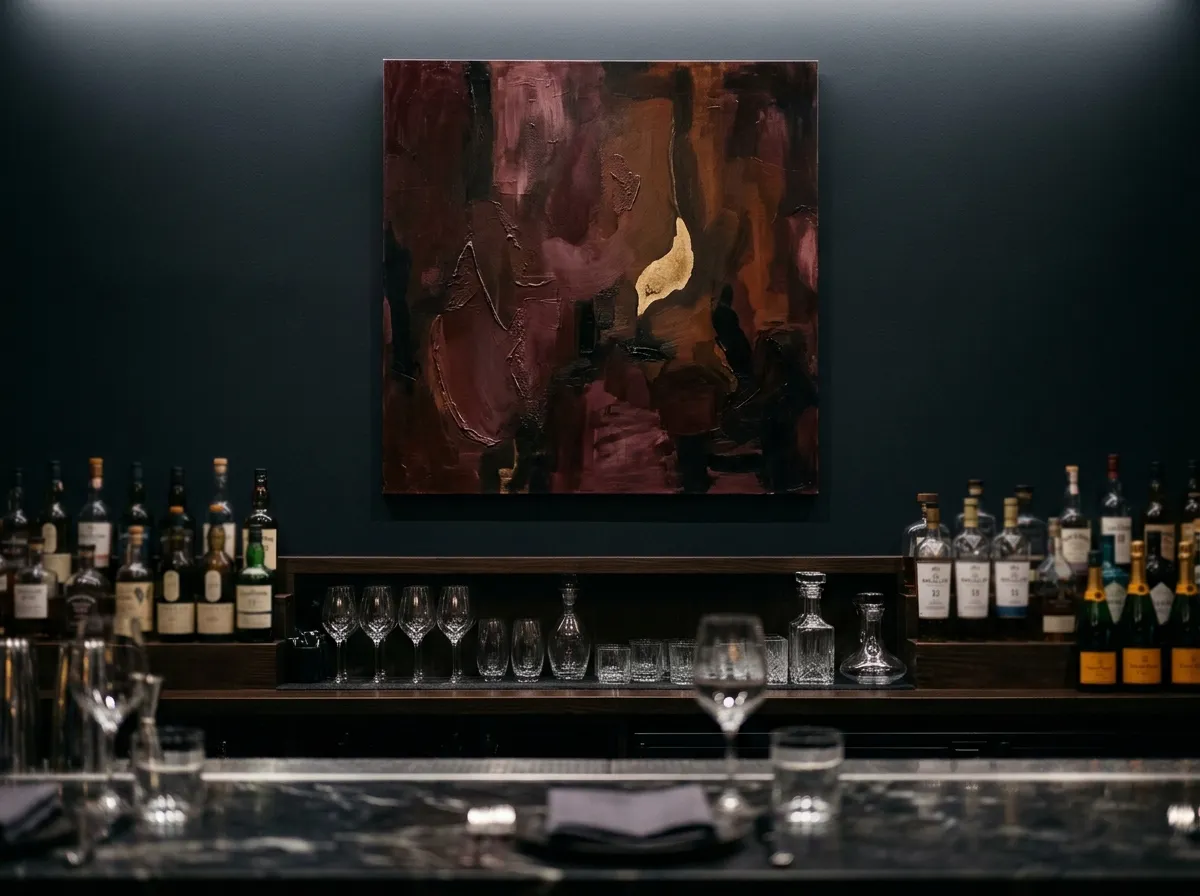A wine-toned abstract painting used as restaurant wall art above a bar, with brass accents and warm ambient light.