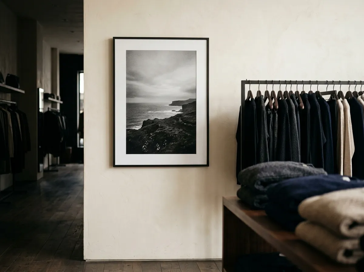 A single black and white photograph used as retail wall decor beside a clothing rack in a boutique aisle