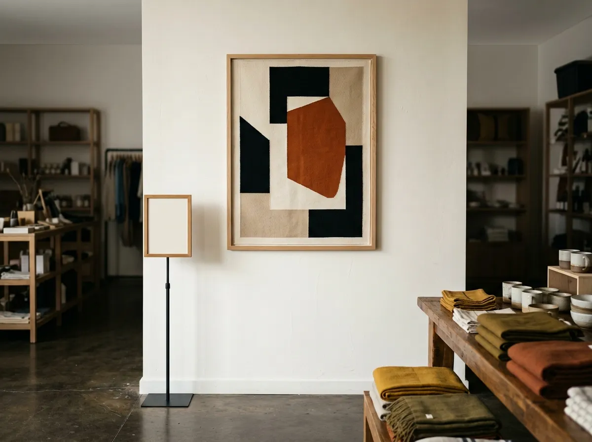 A bold graphic piece of retail wall decor on a matte ivory wall, designed as a photogenic backdrop near the entrance