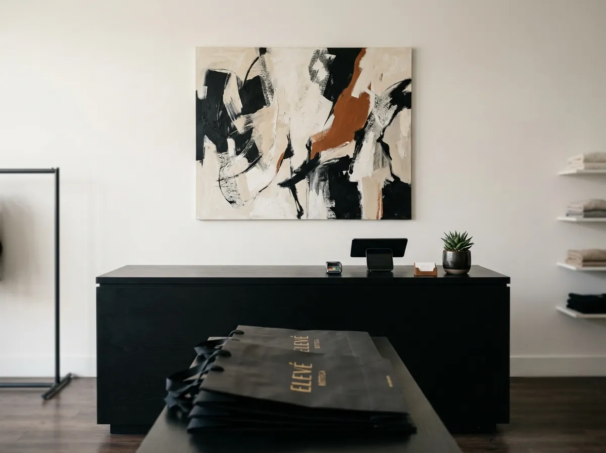 A black, ivory, and rust abstract painting used as retail wall decor above a checkout counter.