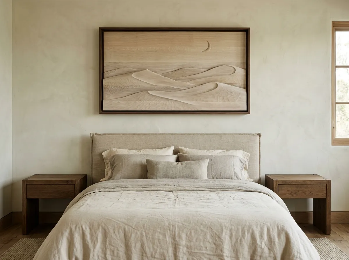 A soft, low-contrast textured painting above a bedroom headboard, lit by an angled bedside lamp.