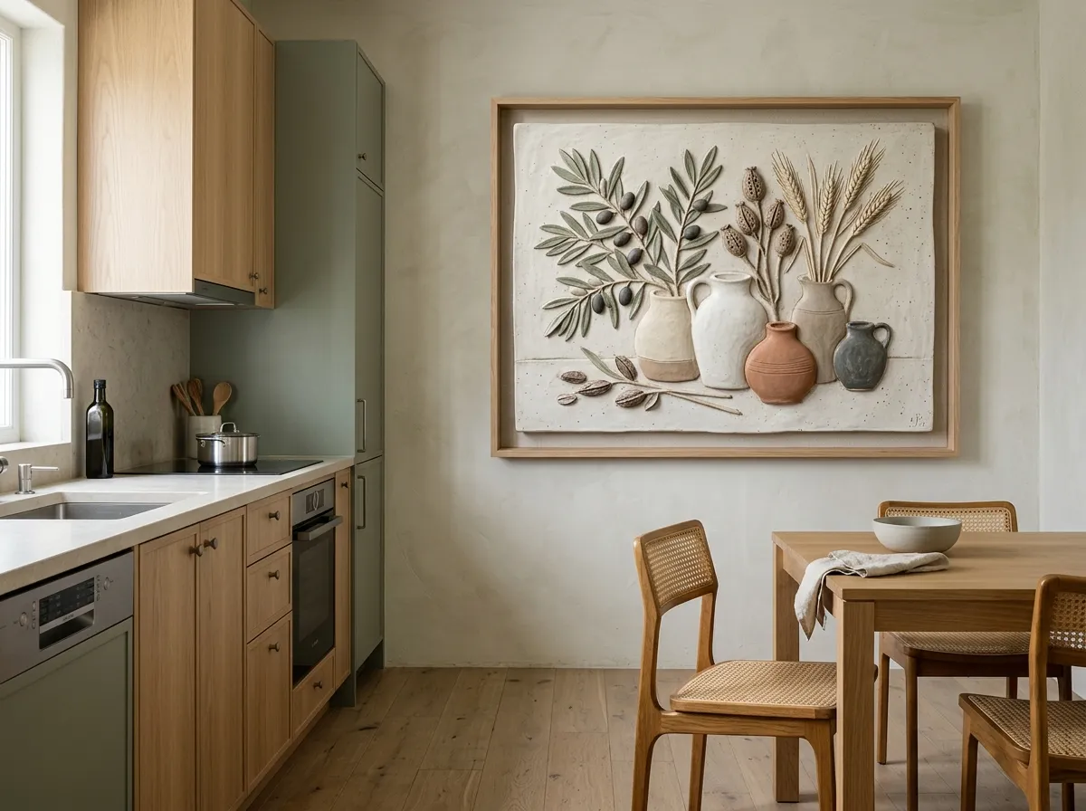 A textured impasto still-life painting on an open kitchen feature wall, lit by warm pendant light that reveals raised paint texture