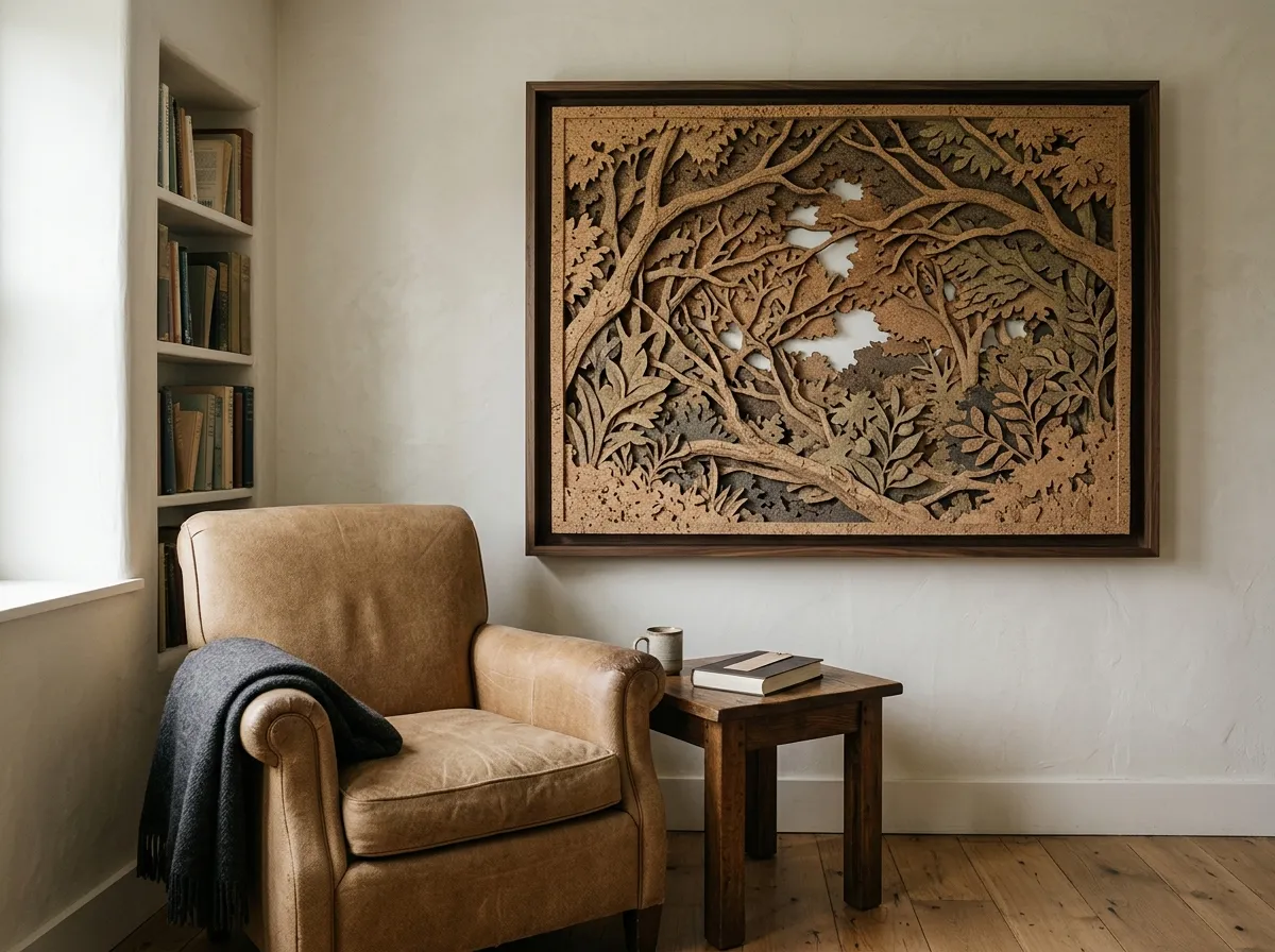 A bold textured abstract painting beside a reading chair, lamp-lit at a low angle to reveal raised palette-knife ridges