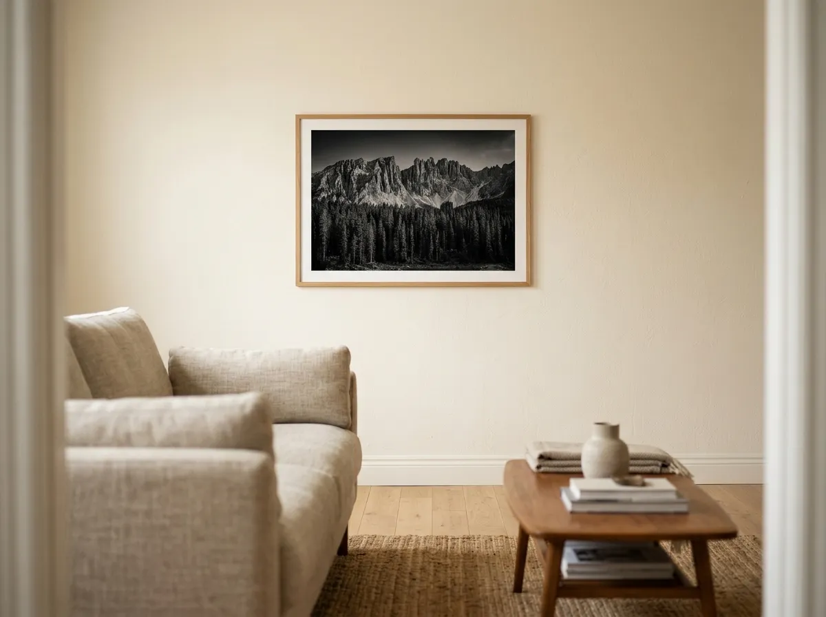 A dark-toned, high-contrast print as wall art for Airbnb rentals on the camera wall used in listing photography.