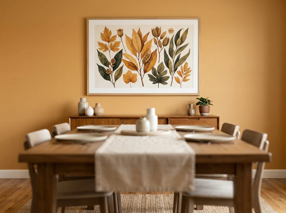 A warm botanical print as wall art for Airbnb rentals above a sideboard in a dining area.