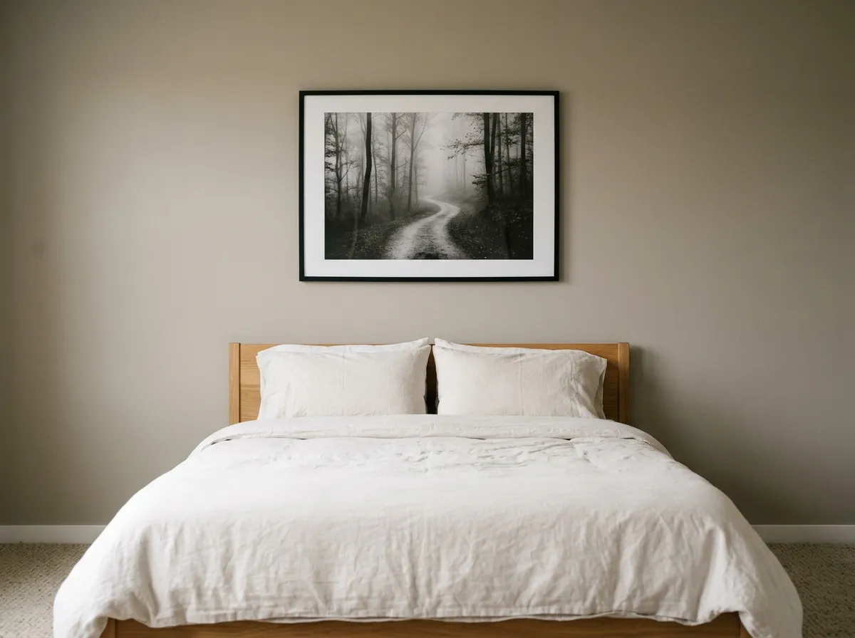 Black and white wall art for rental property hung above a bed in a furnished rental bedroom.