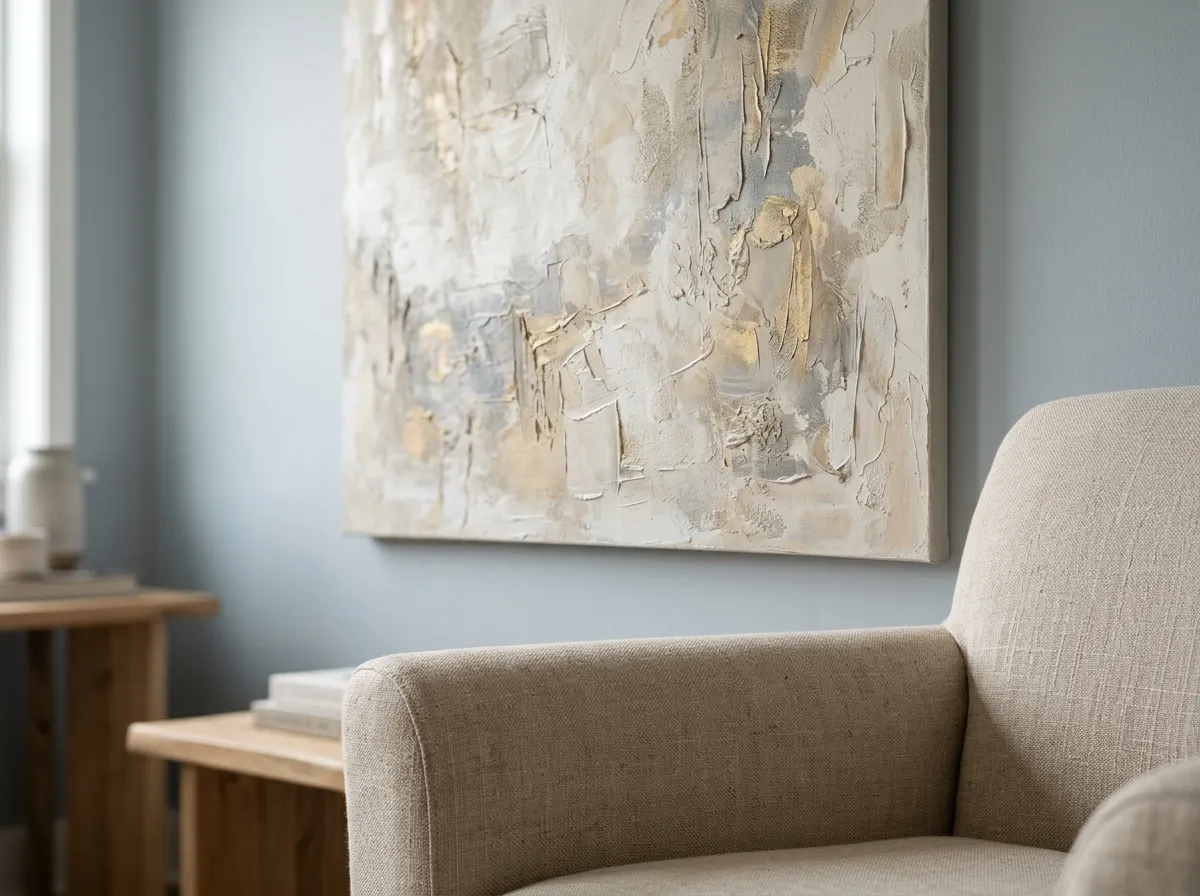 Close-up of textured wall art for rental property beside an upholstered armchair, showing raised surface detail