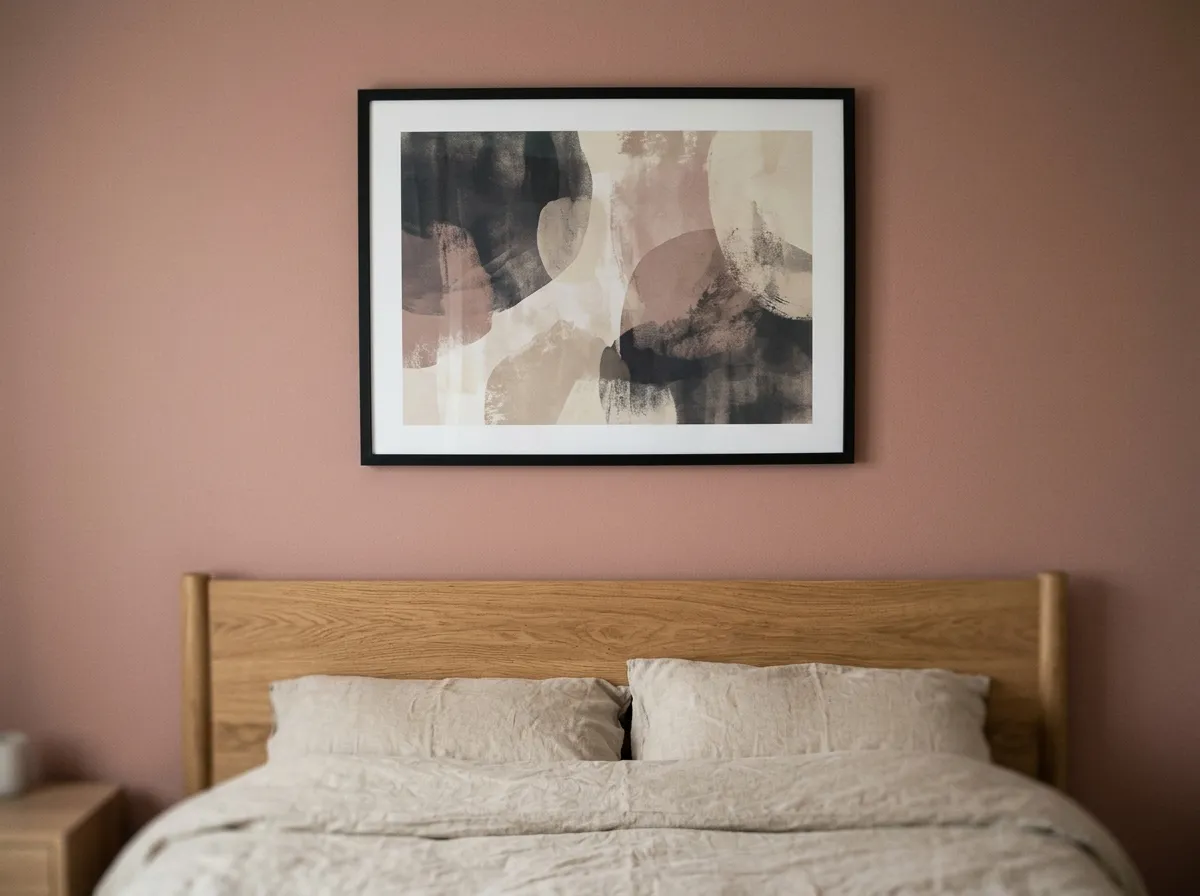 A muted, desaturated abstract print demonstrating restful wall art ideas for a bedroom above the headboard