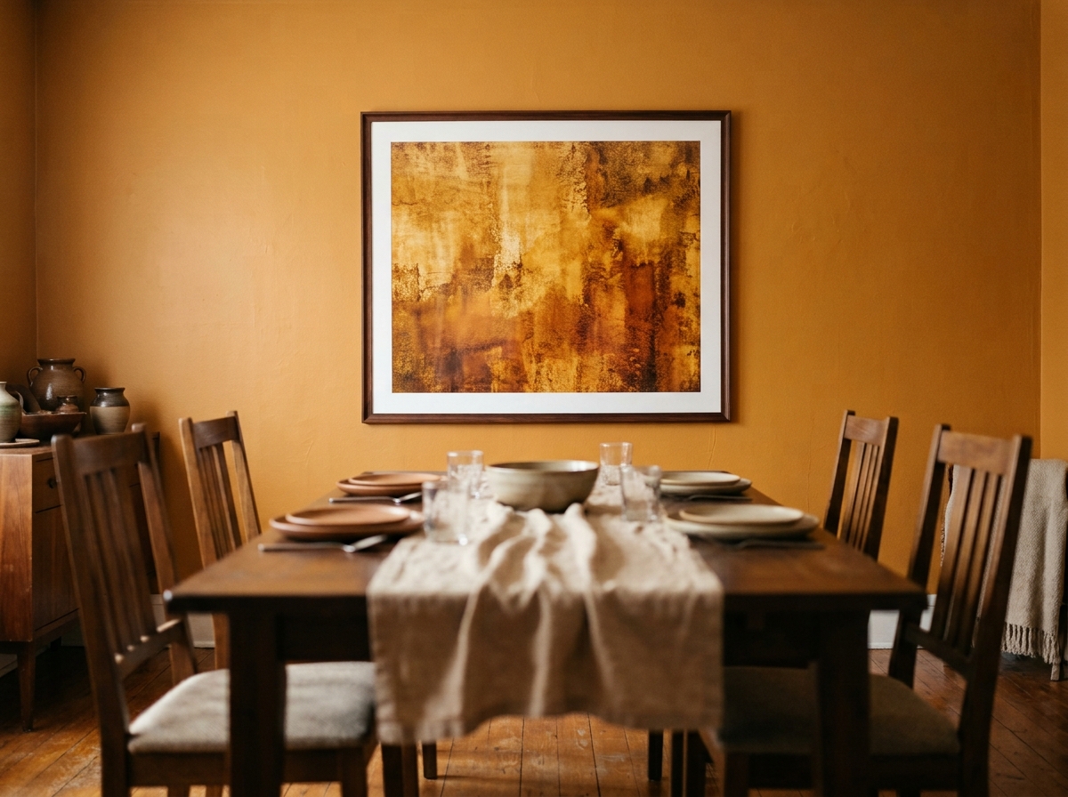 A warm, large-format framed print demonstrating wall art ideas suited to a dining room's social viewing distance