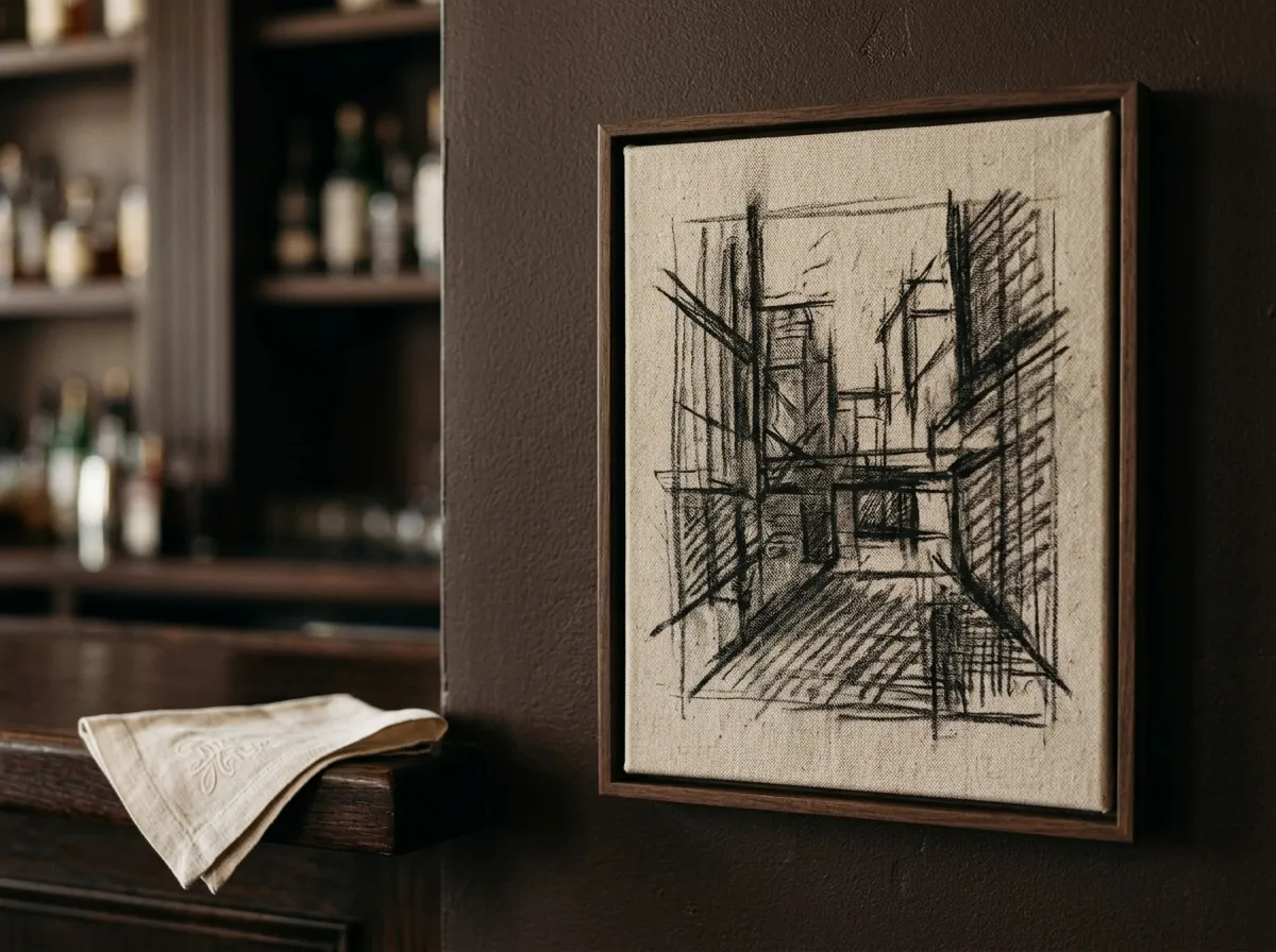 Close-up of a textured charcoal-style print used as wall art for restaurants and cafes behind a bar counter.