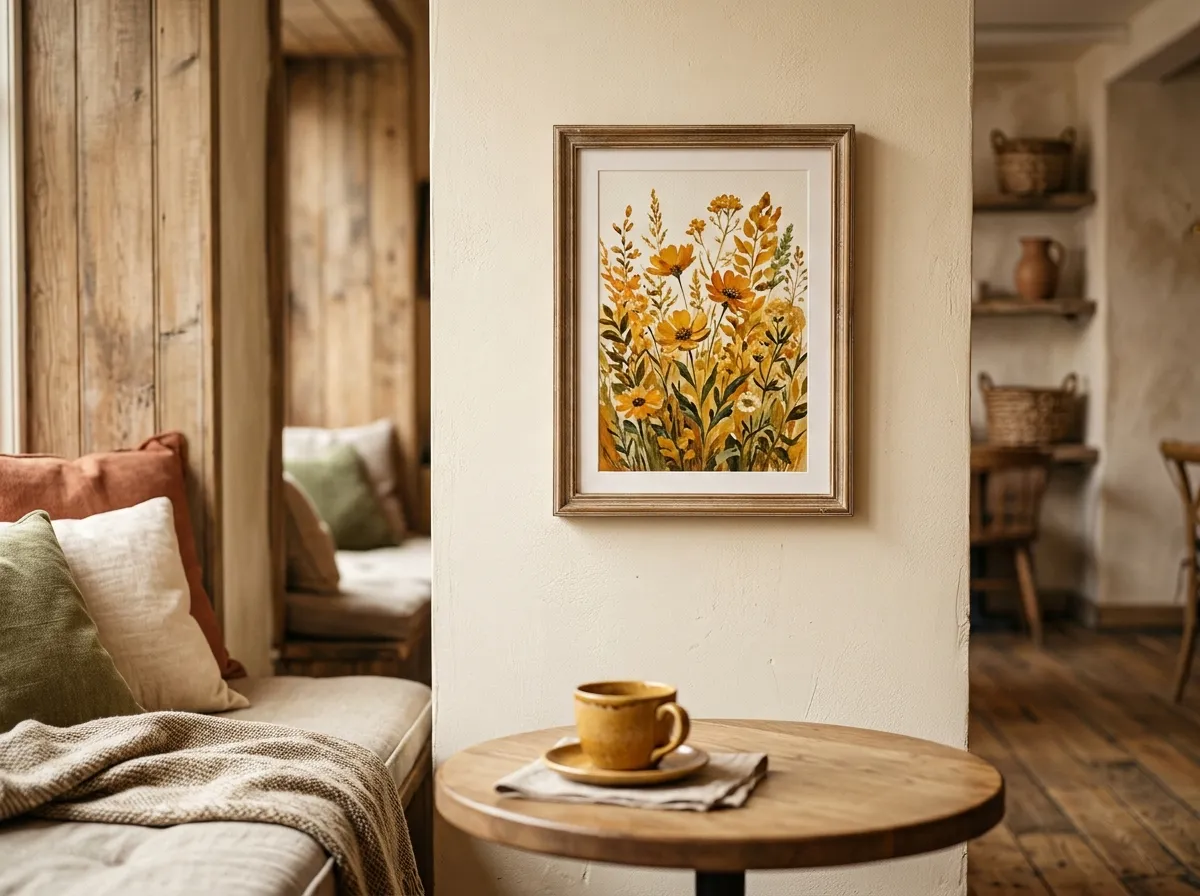 A warm botanical print as wall art for restaurants and cafes beside a window-seat alcove.