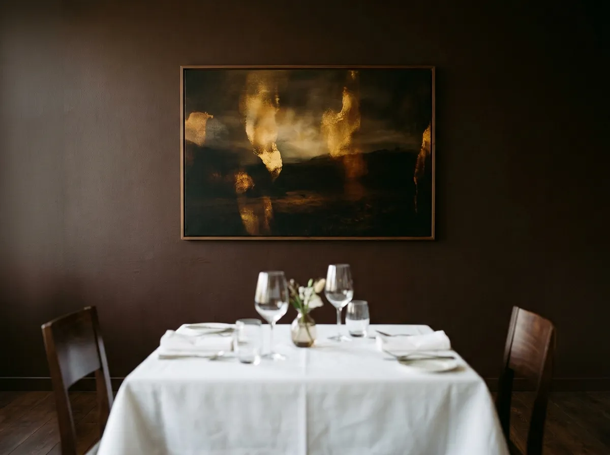 A dark, gold-accented print as wall art for restaurants and cafes on a dining room feature wall.