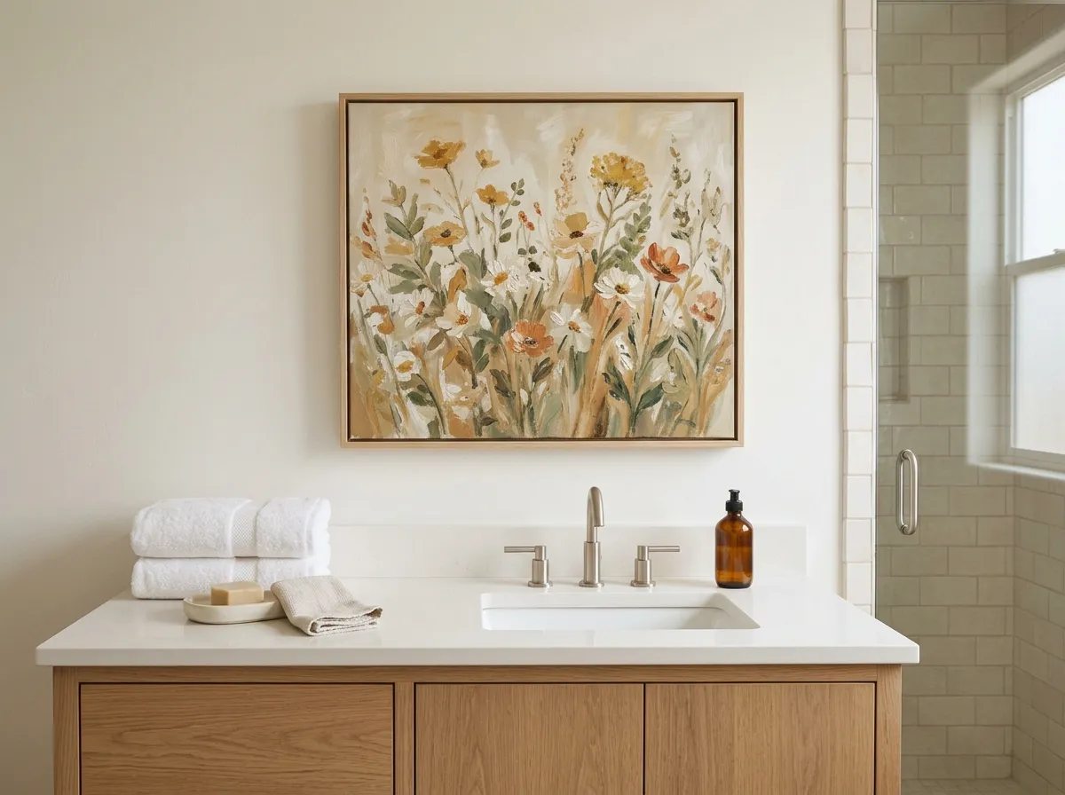 A warm impressionist botanical painting above a guest bathroom vanity with folded towels.