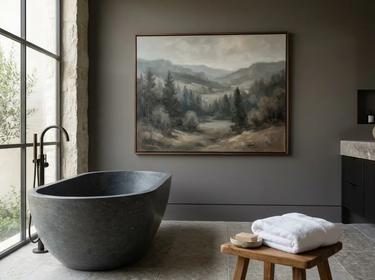 A muted cinematic landscape painting on a dry wall beside a freestanding tub in a primary bathroom