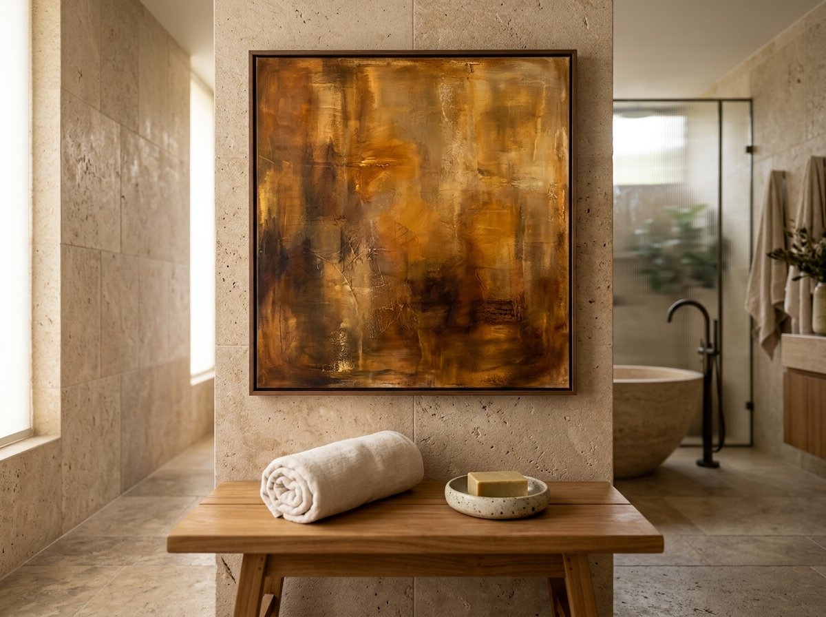 A warm antique-toned amber abstract painting on a dry feature wall in a spa-style bathroom