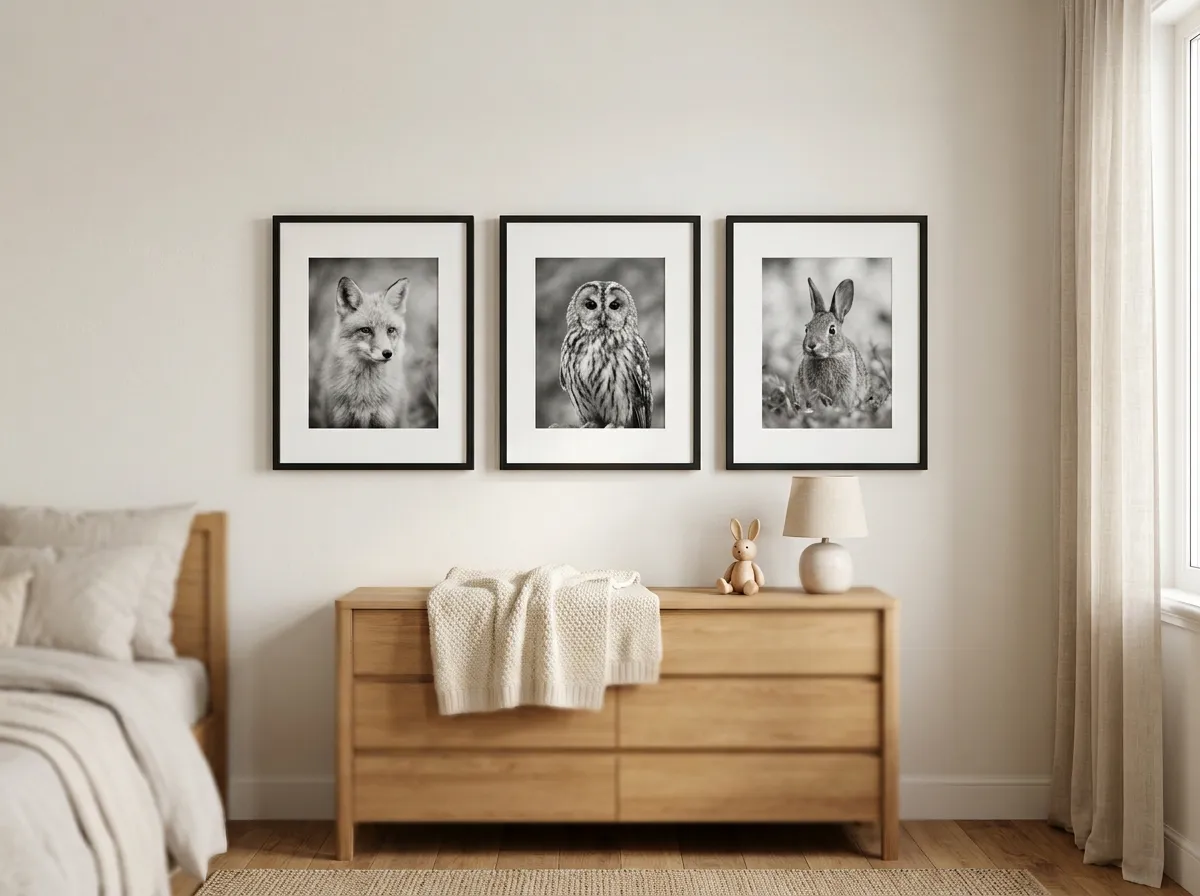A set of three black and white animal photographs evenly spaced on a child's bedroom wall.