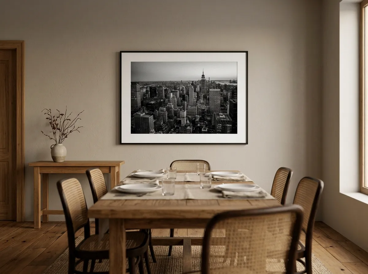 A high-contrast black and white cityscape photograph facing a dining table