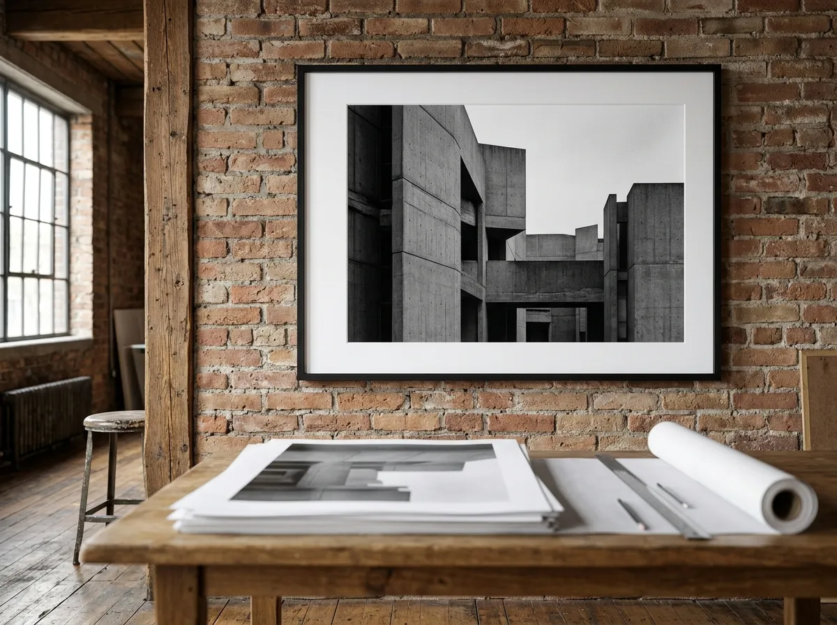 A bold high-contrast black and white architectural photograph on an exposed brick studio wall.