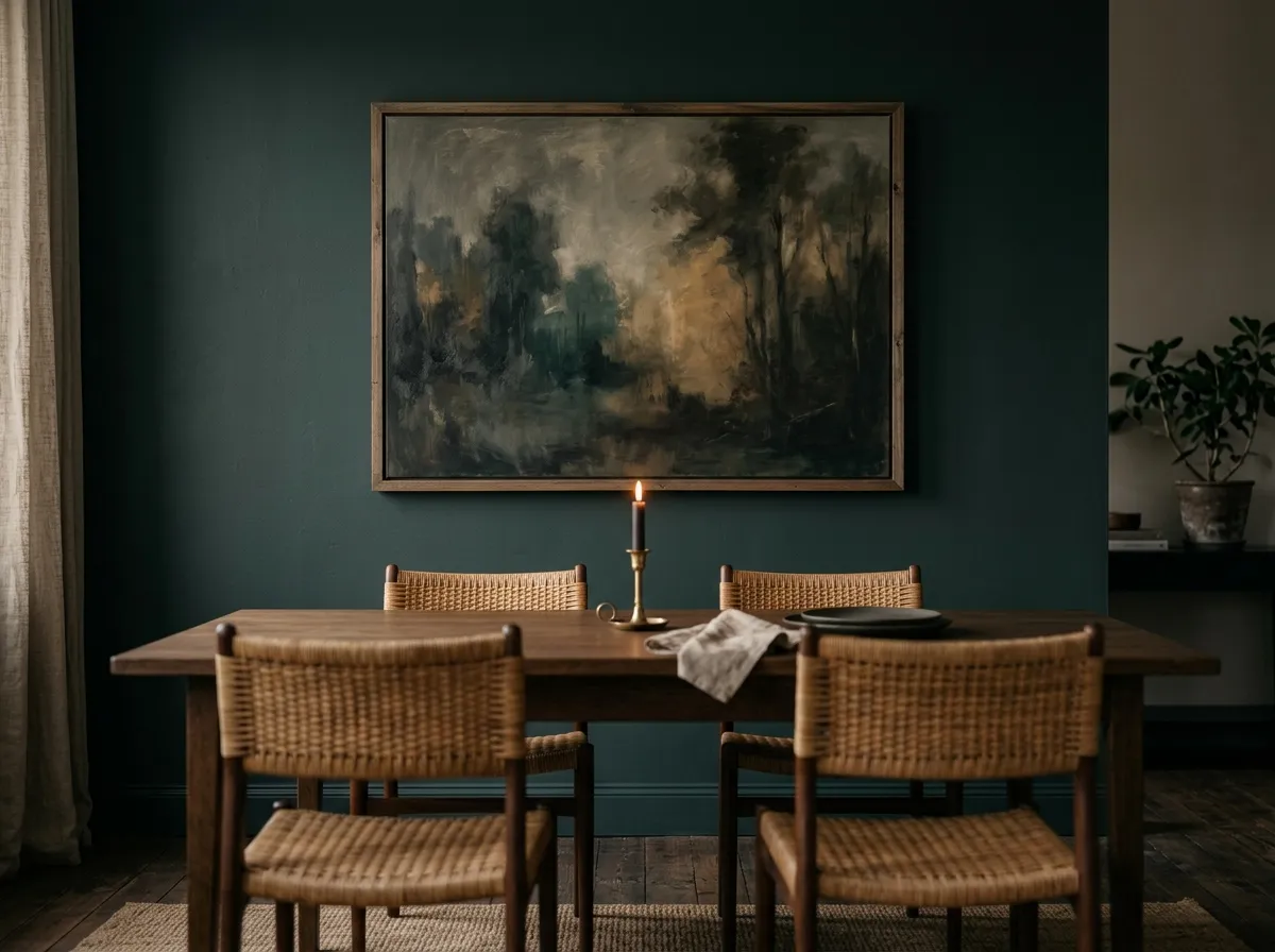 A muted cinematic painting on a deep jewel-toned accent wall in a dark boho dining room