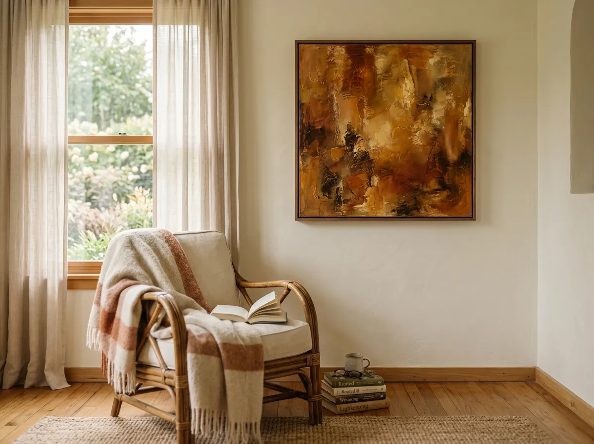 A warm amber-toned abstract painting beside a bohemian reading nook armchair.