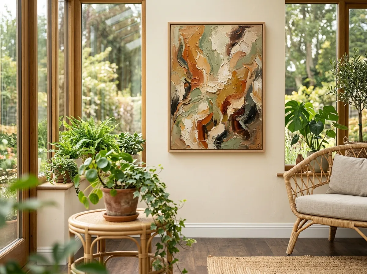 A warm textured abstract painting in a natural wood frame in a plant-filled bohemian sunroom.