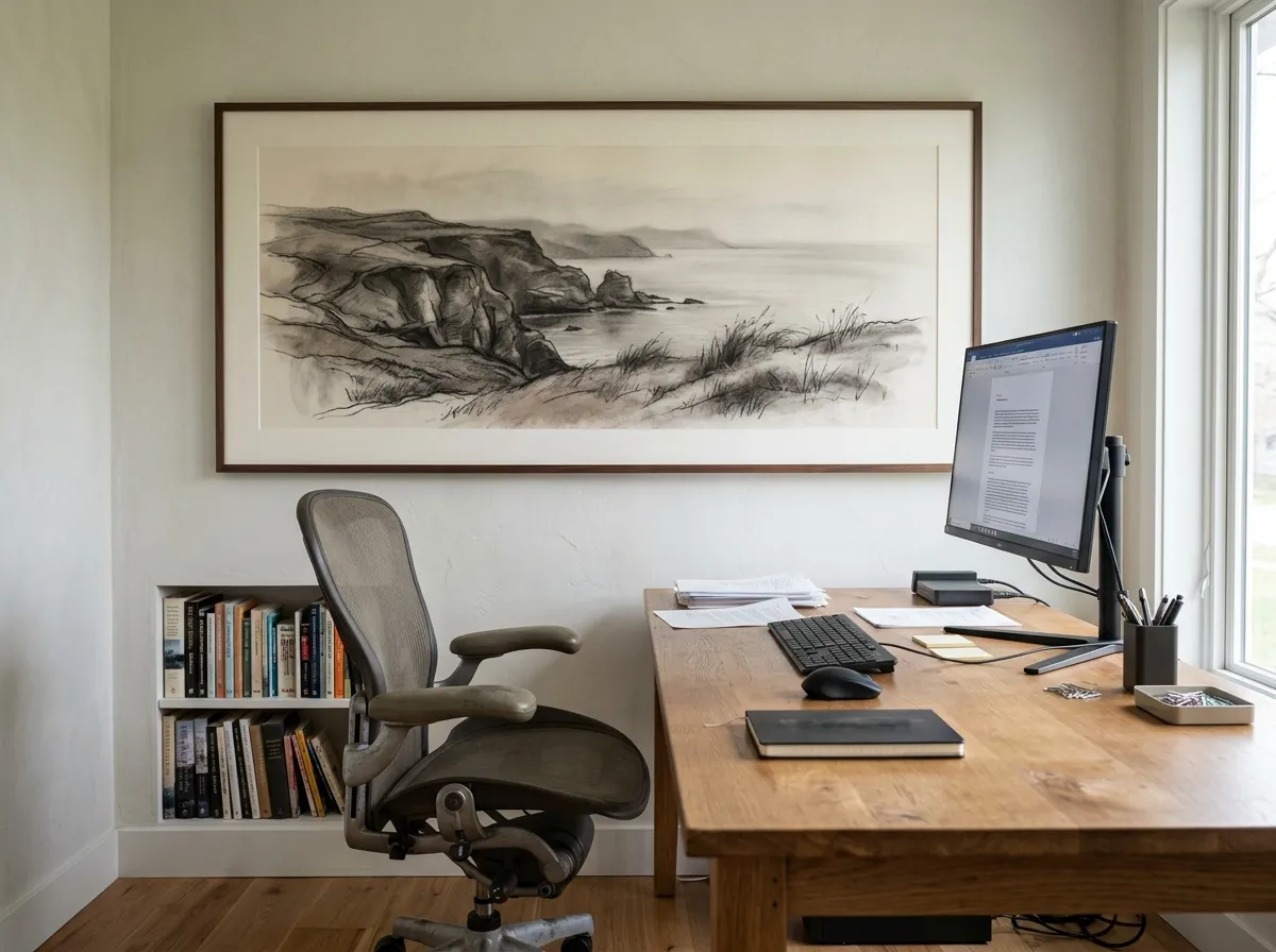 A fine charcoal line-art cityscape study above a home office desk