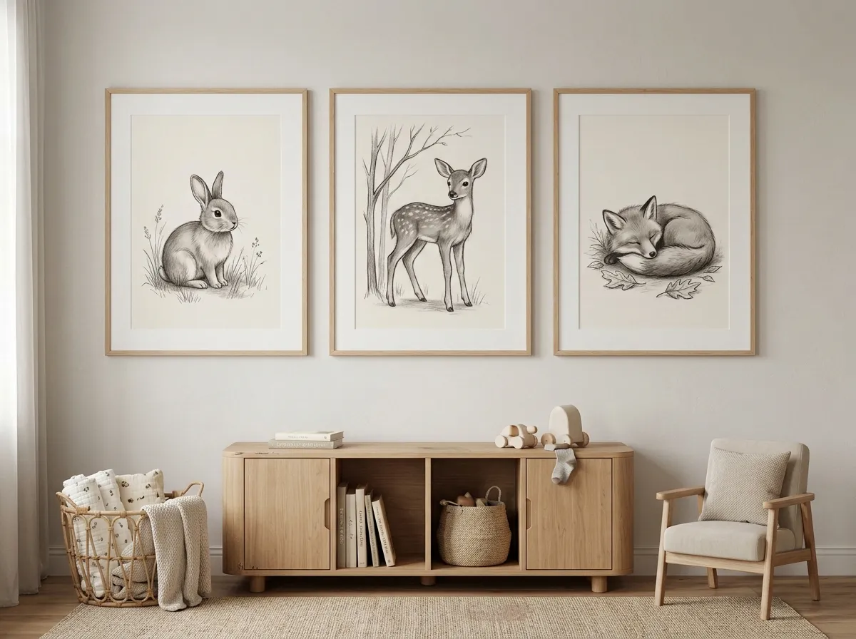A gentle charcoal study of a sleeping fox above a nursery glider chair