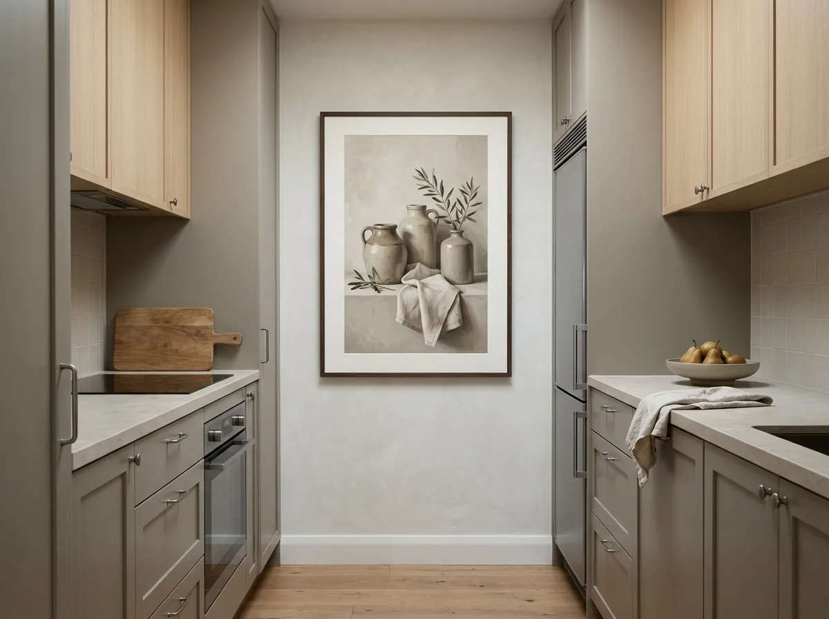 A small high-contrast black and white photograph on the narrow end wall of a galley kitchen.