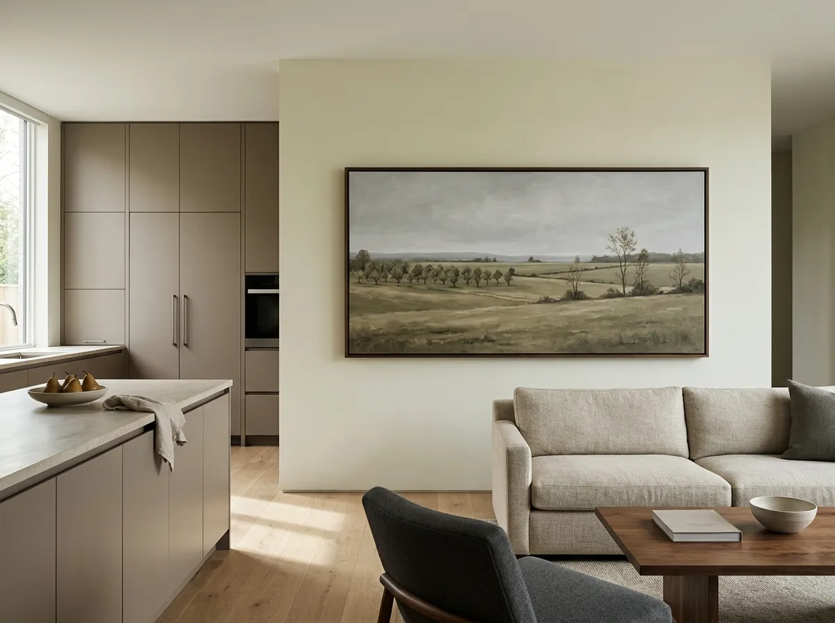 A muted cinematic landscape painting on a feature wall visible from an open-plan kitchen island