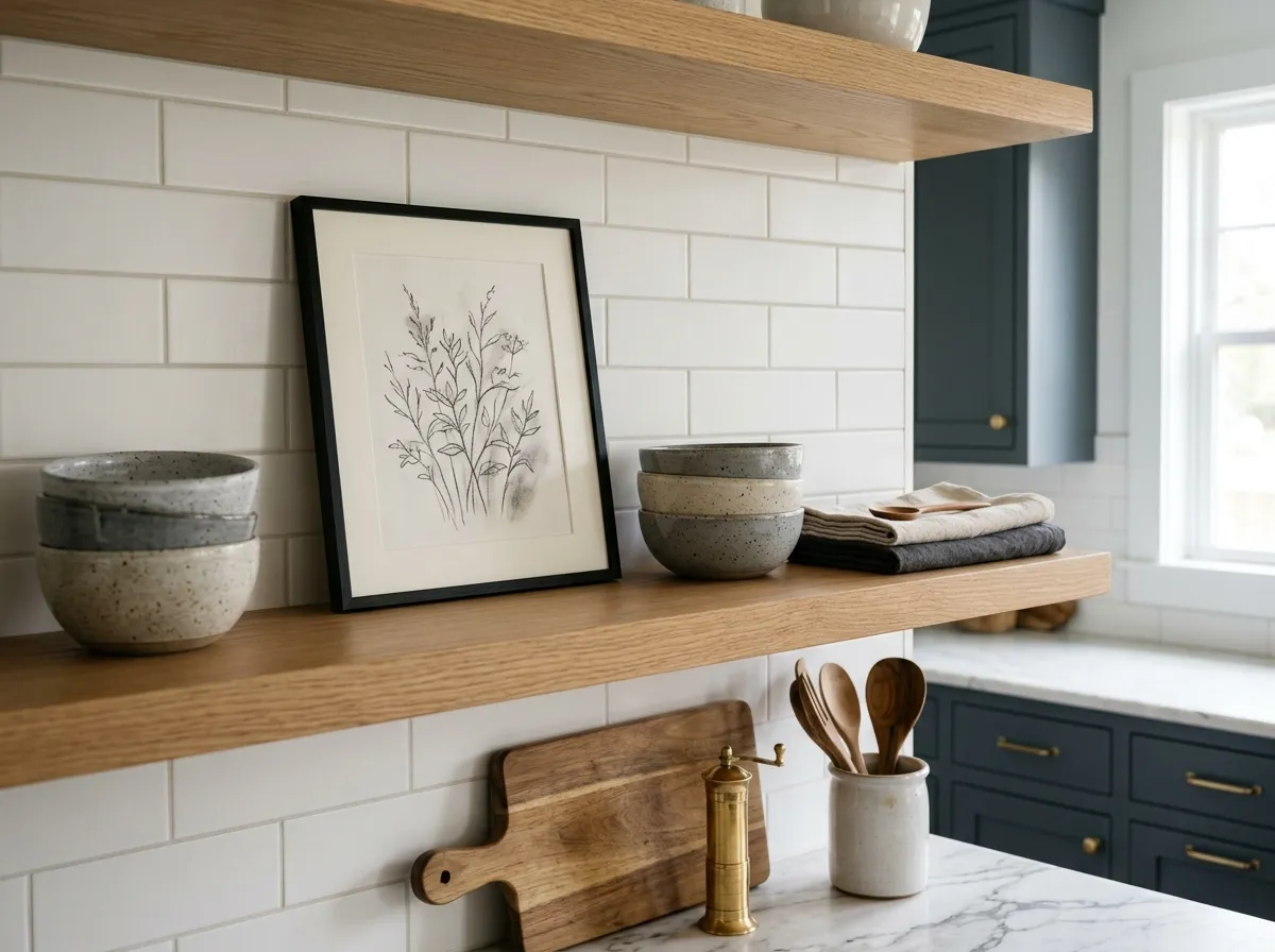 A small charcoal line-art study leaning against open kitchen shelving alongside ceramic dishware