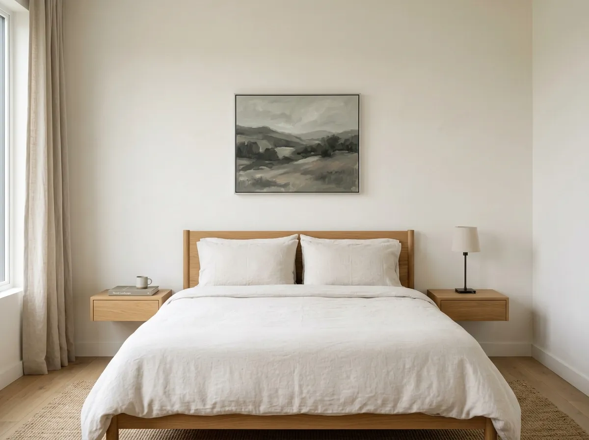 A single desaturated landscape painting above a minimalist bedroom headboard with clear wall space on either side