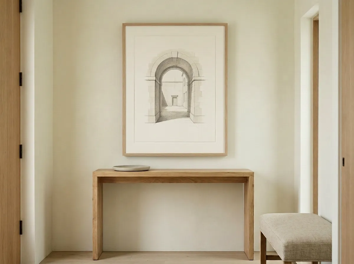 A single sparse ink-wash composition in a minimalist entryway above an empty console table