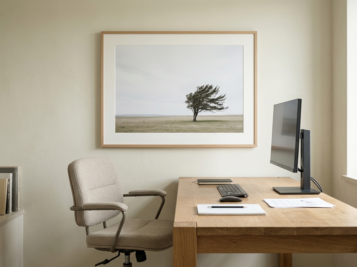 A single fine charcoal line-art study above a minimalist home office desk